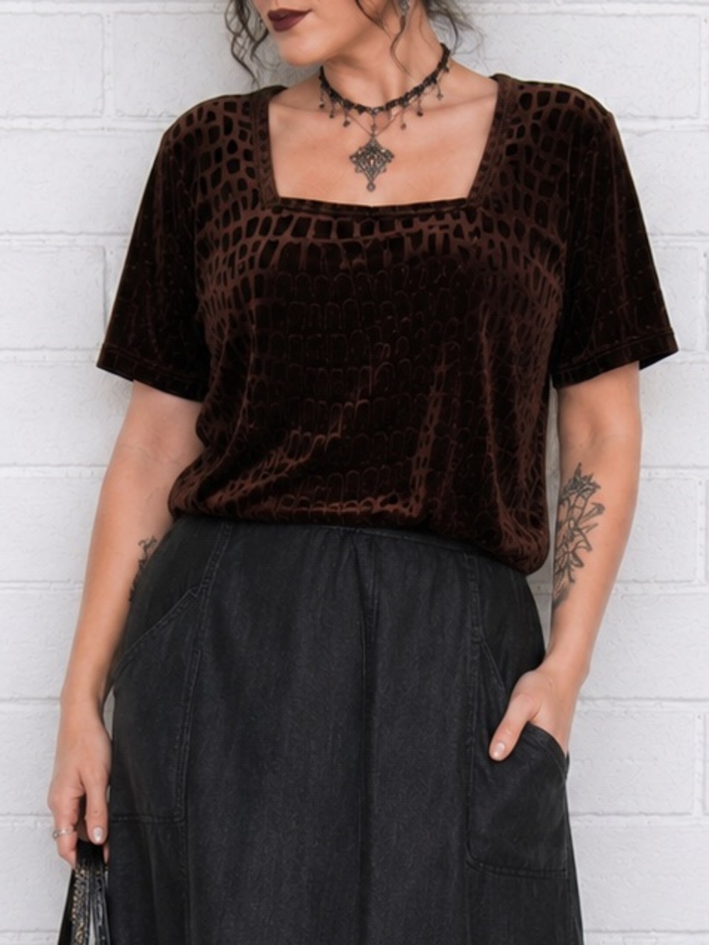 Vintage 90s Brown Velvet Top XL Square Neck Embossed Whimsigoth Romantic